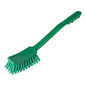 The Haug Bürsten KG HANDLE BRUSH, ø 0.50MM, HARD, 400x48x35MM is a green plastic cleaning brush with sturdy bristles and a long handle, ideal for difficult cleaning tasks, depicted on a white background.