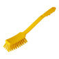 Depicted is a yellow plastic HANDLE BRUSH, ø 0.50MM, HARD, 400x48x35MM from Haug Bürsten KG with stiff bristles and a long handle against a white background.