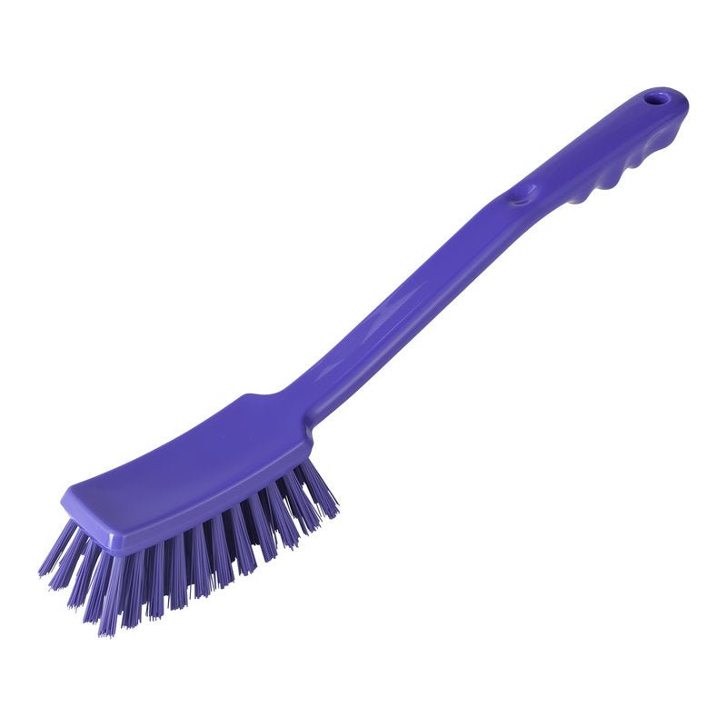 The Haug Bürsten KG HANDLE BRUSH (ø 0.50mm, hard, 400x48x35mm) has hard bristles, a long handle with finger grooves for gripping, angled bristles for scrubbing, and a hanging hole.