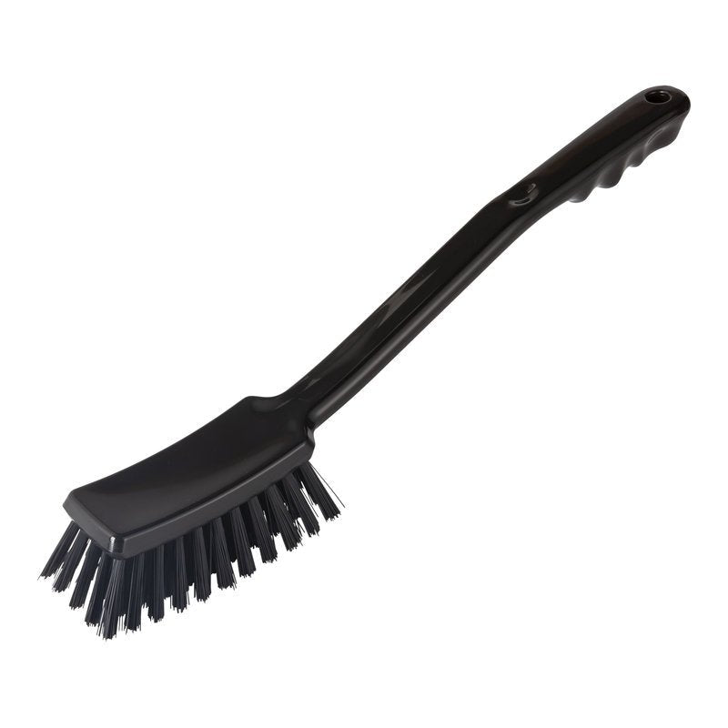 The Haug Bürsten KG HANDLE BRUSH, ø 0.50MM, HARD (400x48x35MM), is a black dish brush with hard bristles and a long, curved handle with finger grips for comfortable handling.