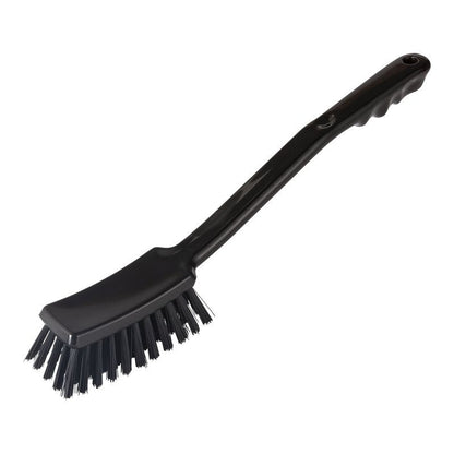 The Haug Bürsten KG HANDLE BRUSH, ø 0.50MM, HARD (400x48x35MM), is a black dish brush with hard bristles and a long, curved handle with finger grips for comfortable handling.