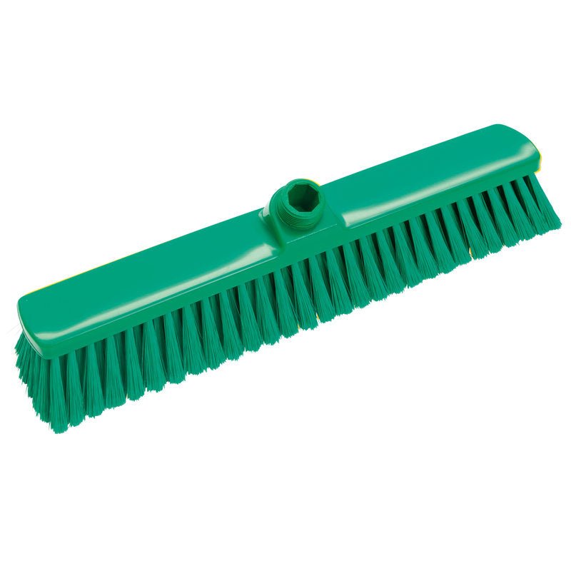 The LARGE AREA BROOM, SOFT 400X60X50MM from Haug Bürsten KG is a green, rectangular broom head with soft bristles and a central threaded hole for handle attachment - perfect for efficient cleaning of large areas.