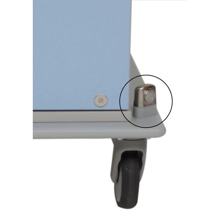 A close-up shows the lower corner of a light blue mobile base with a gray wheel and highlighted Novocal holding magnet on the chassis (1 set = 2 pieces | package), which is known for its strong magnetic force.
