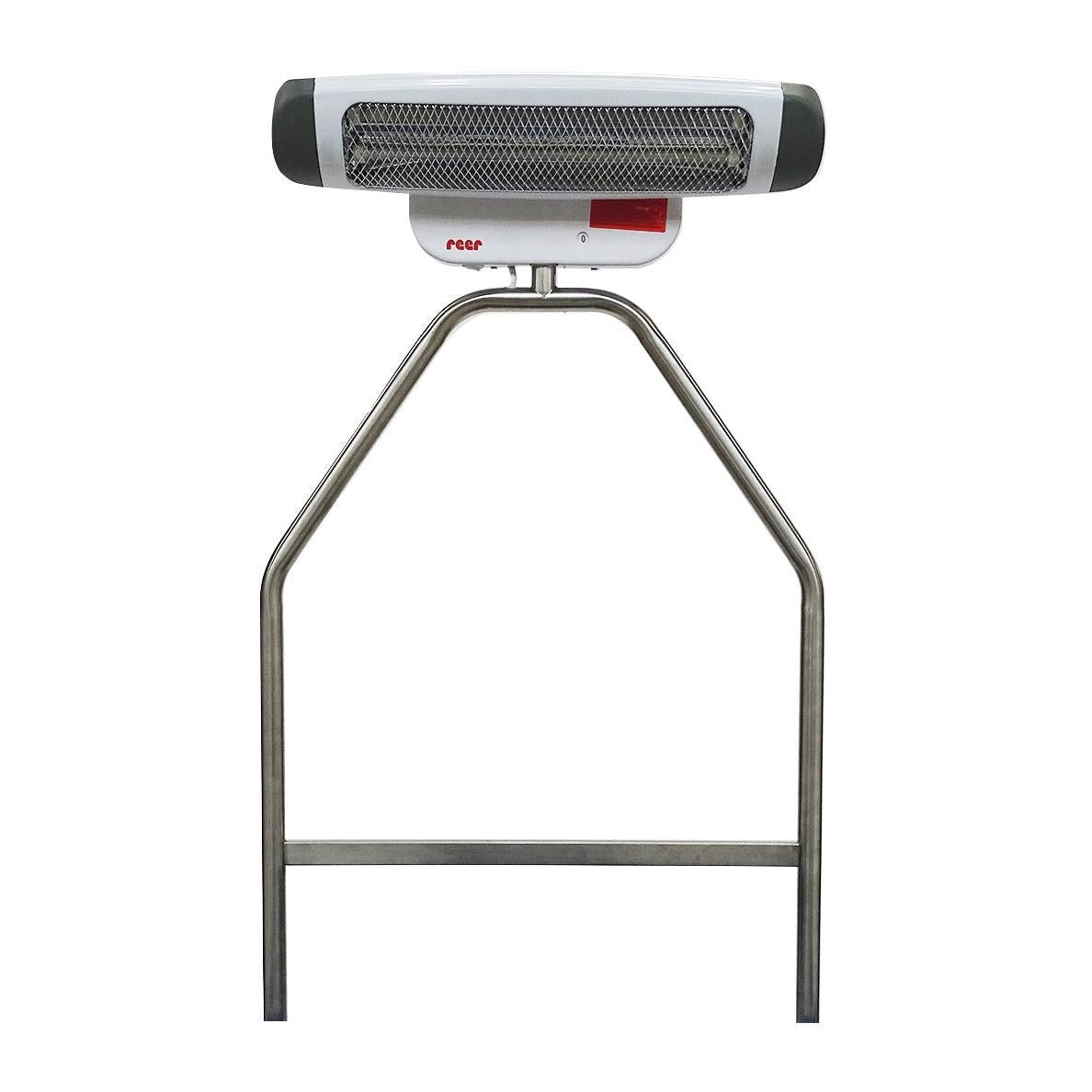 The Novocal infrared heater offers switchable radiant heat and temperature distribution and features a metal protective grid, two gray end caps, and a stainless steel frame with a V-shaped bracket.