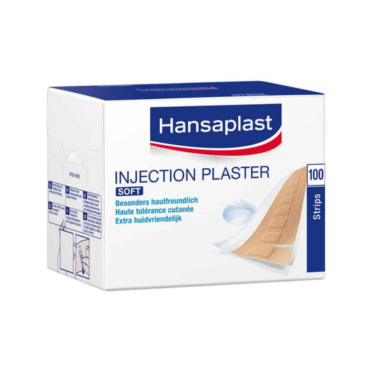 A pack of 100 Hansaplast Soft Injection Plasters (4 x 1.9 cm) by Beiersdorf AG for sensitive skin, made from hypoallergenic material. Comes in white and blue packaging with multilingual text and plaster illustration.
