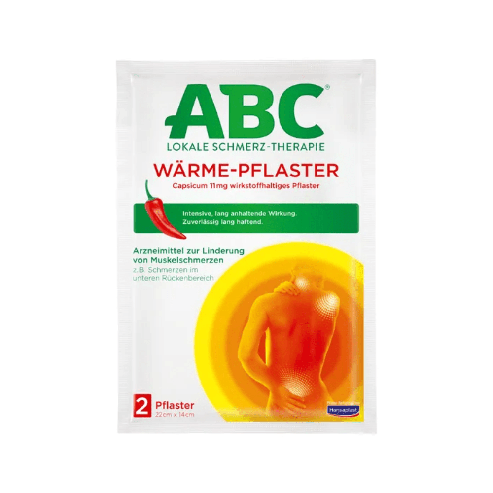 A pack of Hansaplast ABC® Heat Plaster Capsicum (2 pieces) by Beiersdorf AG with a diagram of a human back showing heat radiation from the lower back area. The text indicates that it is a local pain therapy and contains capsicum to relieve muscle pain. The package size is 22 cm x 14 cm.