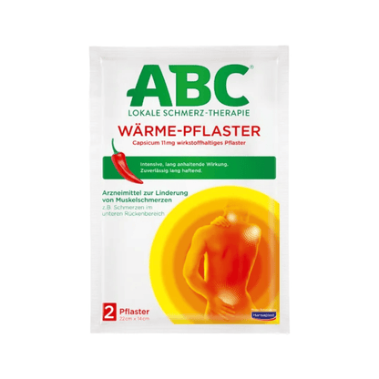 A pack of Hansaplast ABC® Heat Plaster Capsicum (2 pieces) by Beiersdorf AG with a diagram of a human back showing heat radiation from the lower back area. The text indicates that it is a local pain therapy and contains capsicum to relieve muscle pain. The package size is 22 cm x 14 cm.