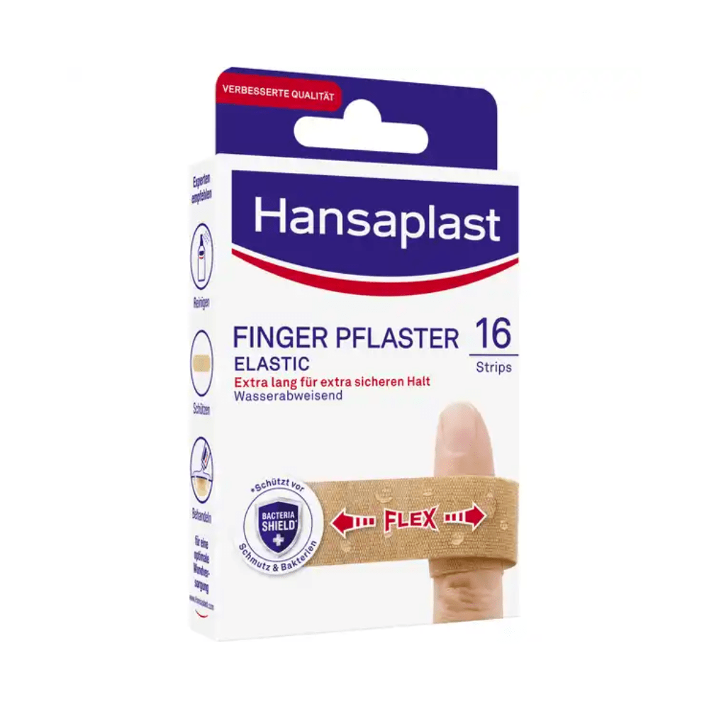 A box of Hansaplast Elastic Fingertip Plasters by Beiersdorf AG with 16 waterproof strips, marked with the symbols “Bacteria Protection” and “Flex” for particularly strong hold and improved quality.