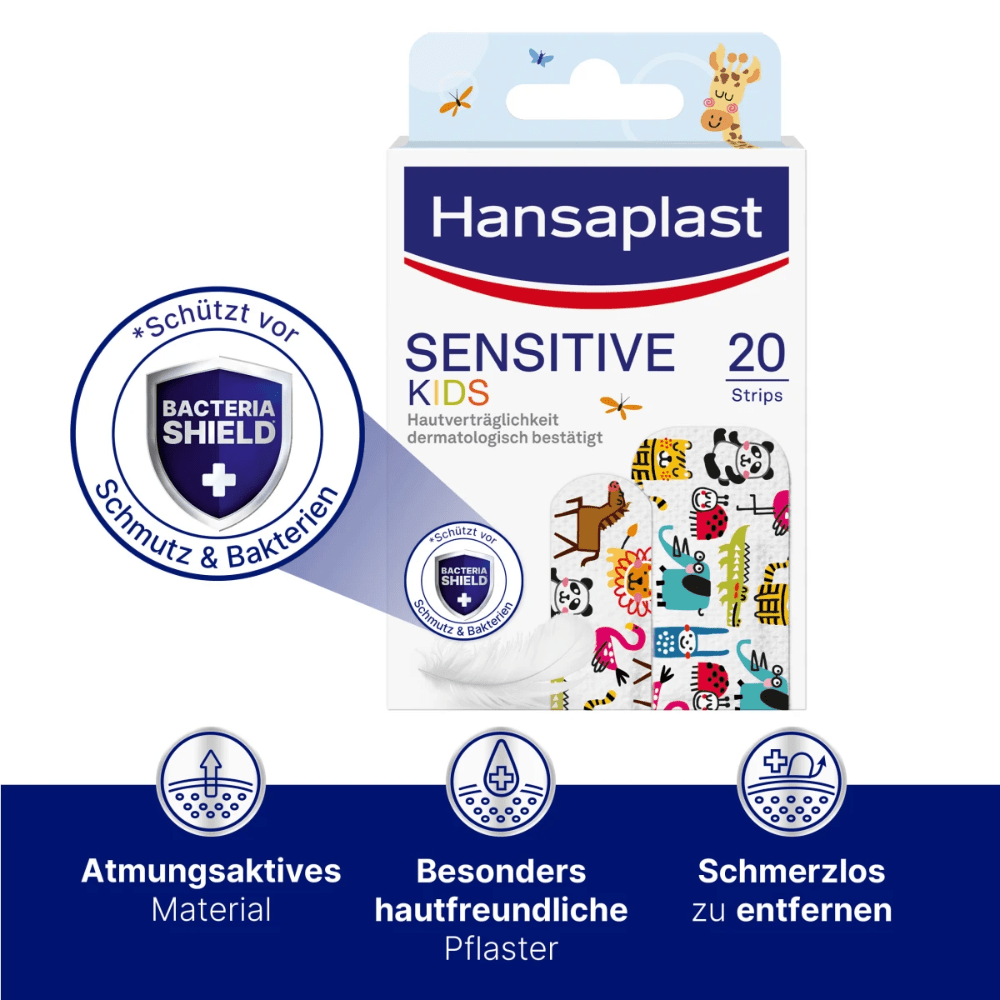 A pack of Hansaplast Children's Plaster Sensitive - 20 plasters by Beiersdorf AG with colorful, child-friendly animal design. The packaging highlights hypoallergenic, breathable material and easy removal, with symbols emphasizing protection.