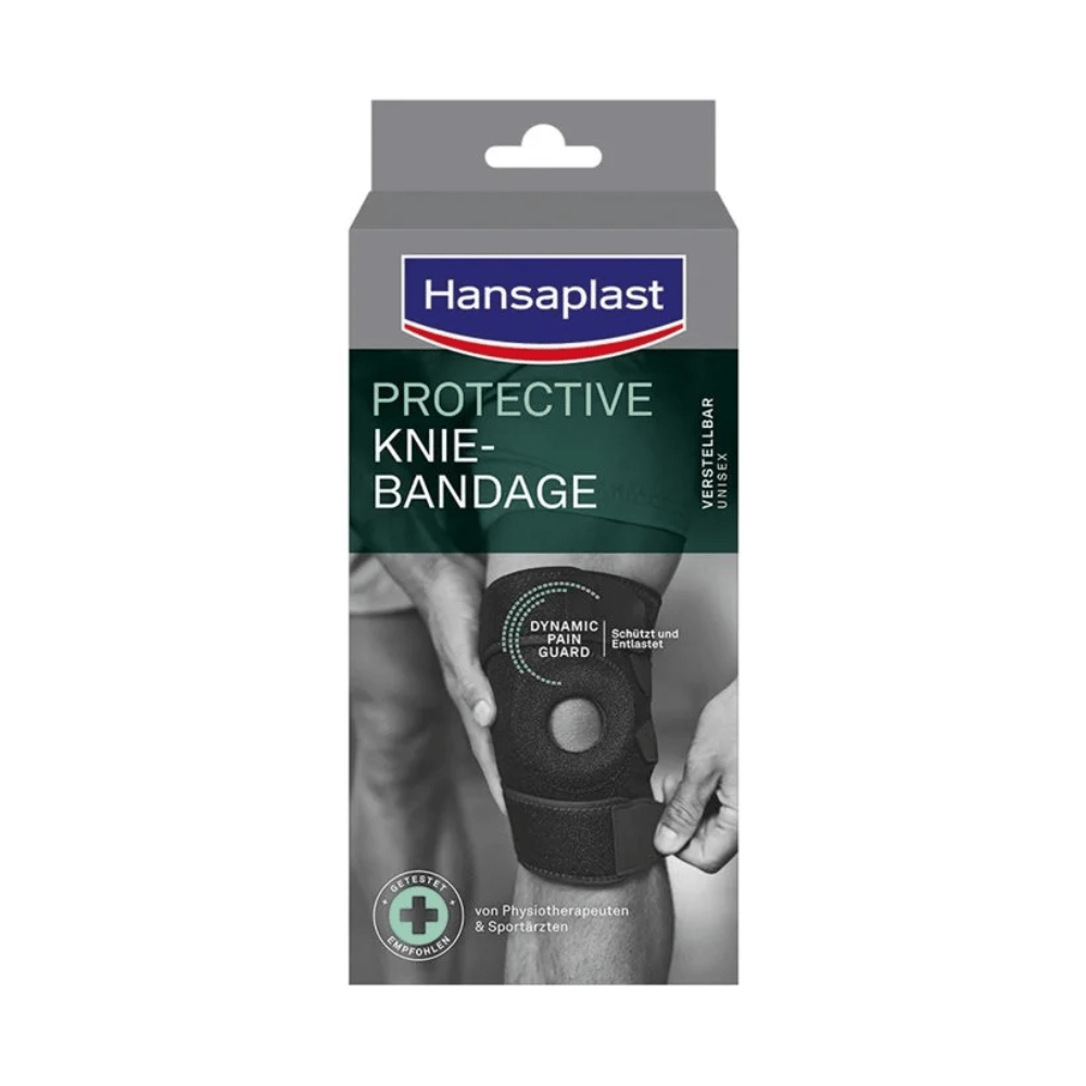 Front view of a Beiersdorf AG Hansaplast Protective Knee Brace, adjustable | Package (1 piece), with a photo of a person wearing the black knee brace, and information on stability in German and English on the packaging.