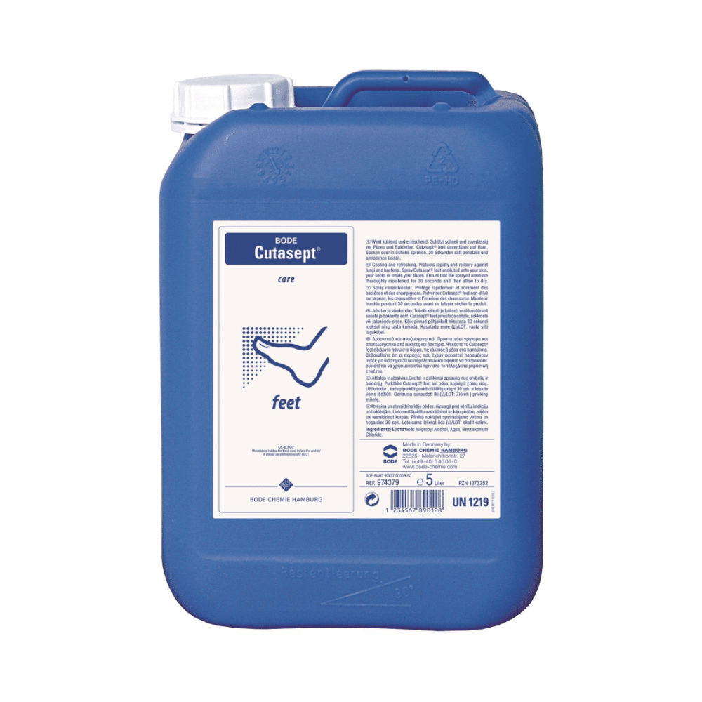 Blue plastic canister with Hartmann Cutasept® feet nourishing foot spray, with product label featuring text, application diagrams for feet, and a UN identification number from Paul Hartmann AG.