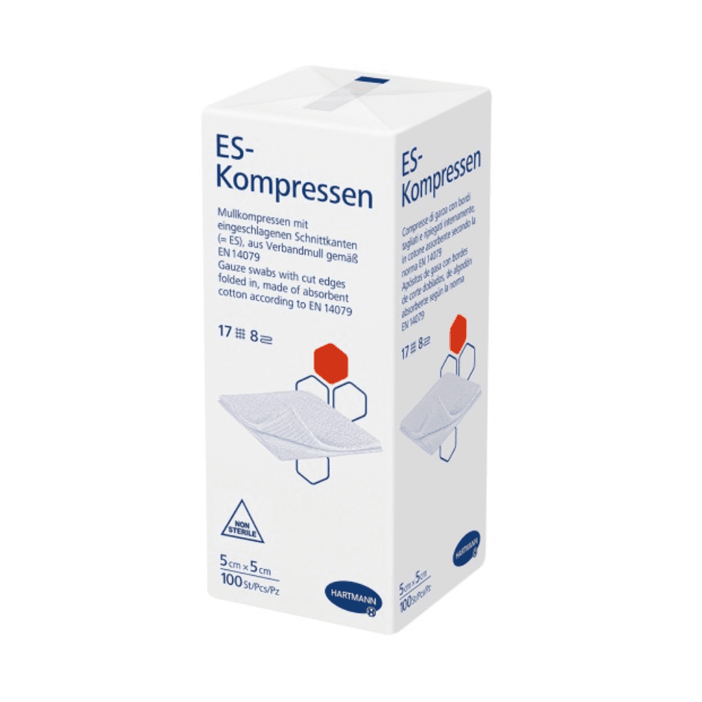 A product image of a box of Hartmann ES compresses in various sizes, non-sterile, by Paul Hartmann AG, which are sterile gauze compresses. The box contains text in German and symbols indicating the product size.