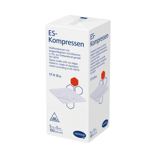A product image of a box of Hartmann ES compresses in various sizes, non-sterile, by Paul Hartmann AG, which are sterile gauze compresses. The box contains text in German and symbols indicating the product size.