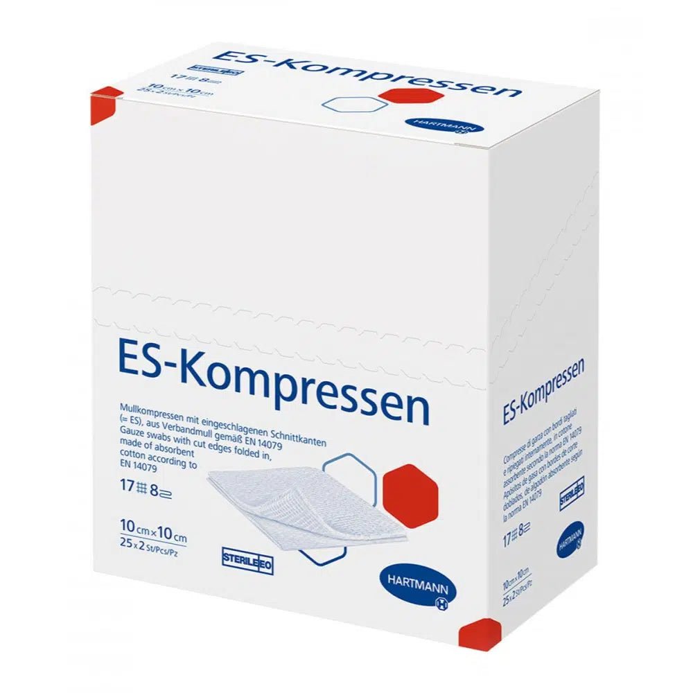 A pack of Hartmann ES compresses, 17-ply, 12-fold, sterile by Paul Hartmann AG, a medical product, with details about sterile, folded gauze compresses measuring 10 cm x 10 cm, in a box of 25 pieces