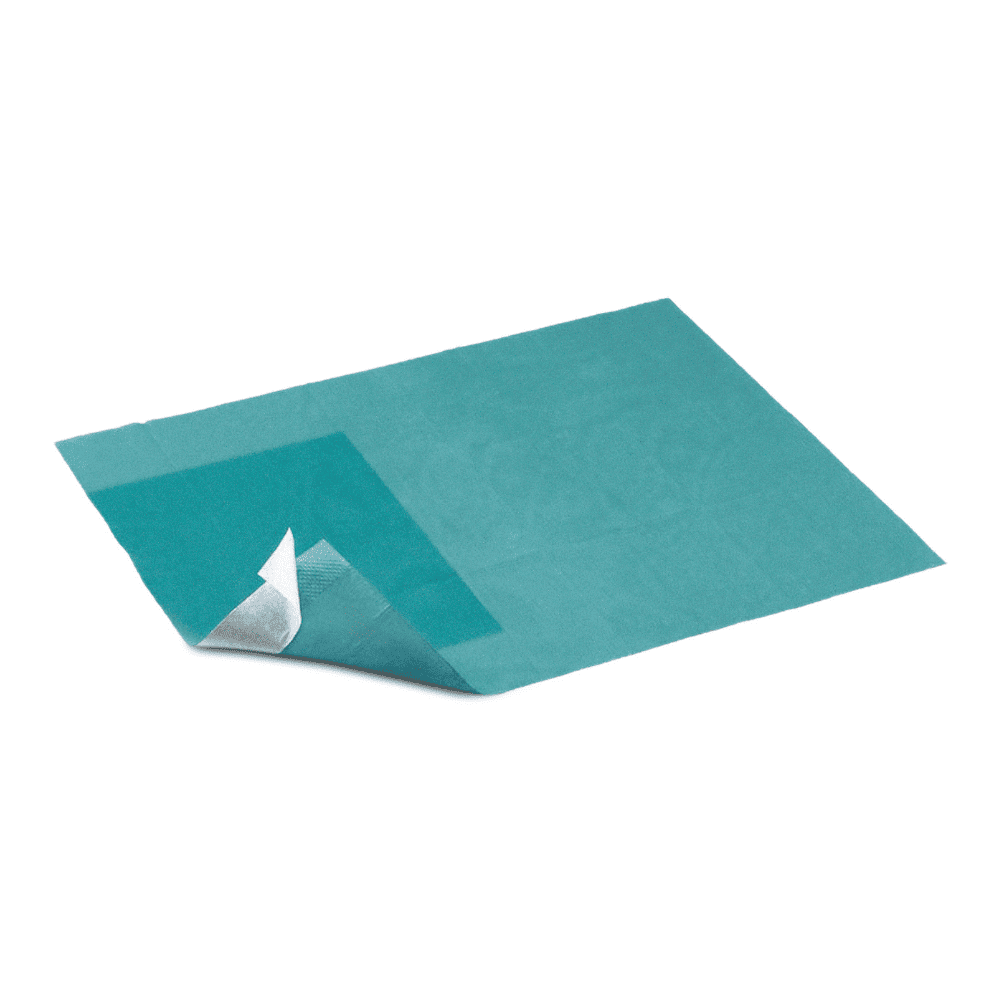 A single sterile Hartmann Foliodrape® drape self-adhesive 50x50 cm from Paul Hartmann AG has a corner peeled back, revealing the white backside. The drape is placed on a white background. Package: 90 pieces.