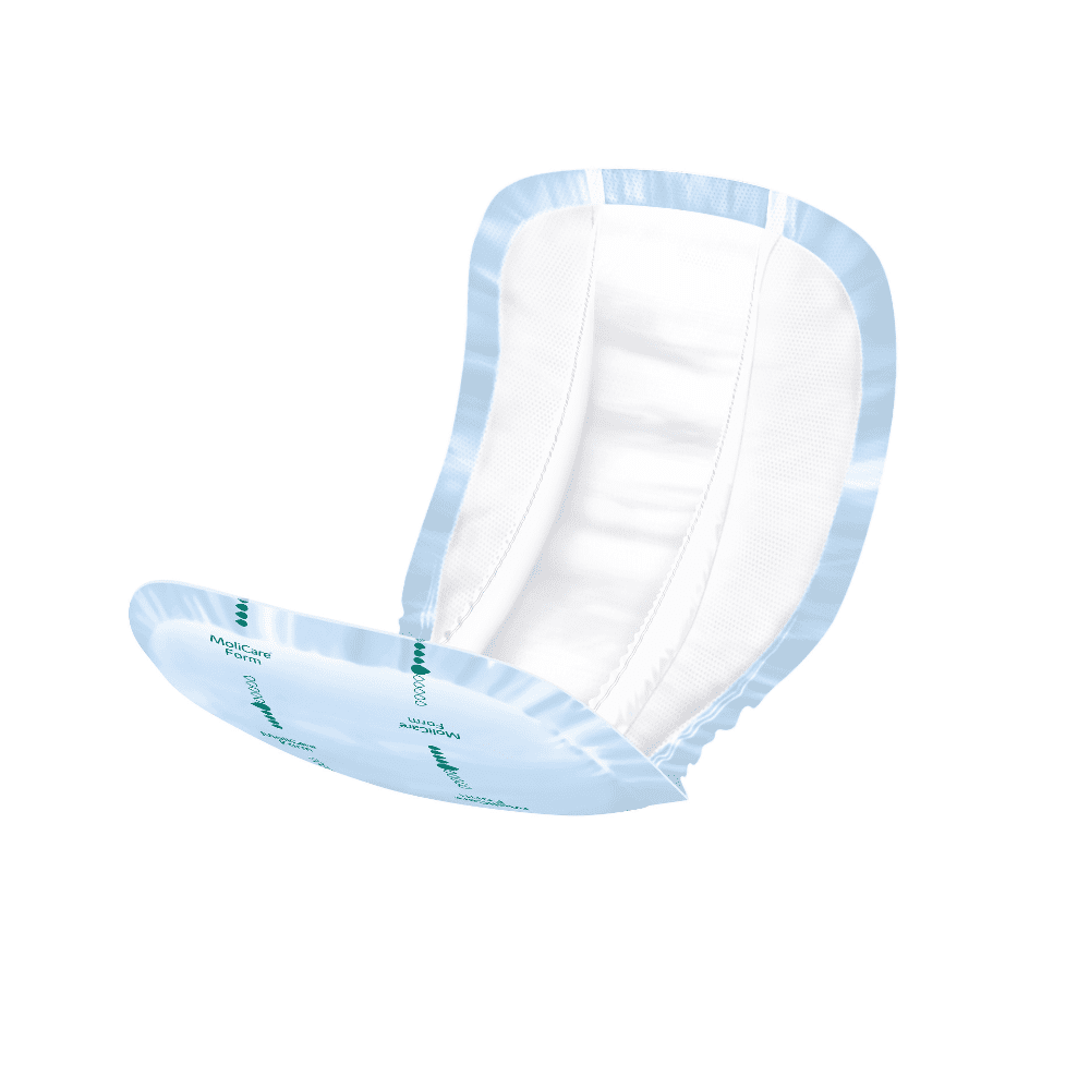 An open adult diaper isolated on a white background, with blue elastic sides and an absorbent white pad printed with 'Hartmann MoliCare® Form by Paul Hartmann AG'.