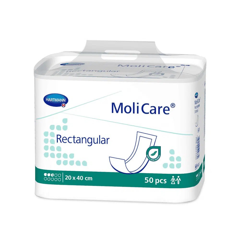 The MoliCare® packaging from Paul Hartmann AG presents the rectangular incontinence pads with the Hartmann logo. The package contains 50 pieces in the size 20 x 40 cm and is adorned with a pad illustration in blue and green tones.