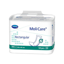 The MoliCare® packaging from Paul Hartmann AG presents the rectangular incontinence pads with the Hartmann logo. The package contains 50 pieces in the size 20 x 40 cm and is adorned with a pad illustration in blue and green tones.