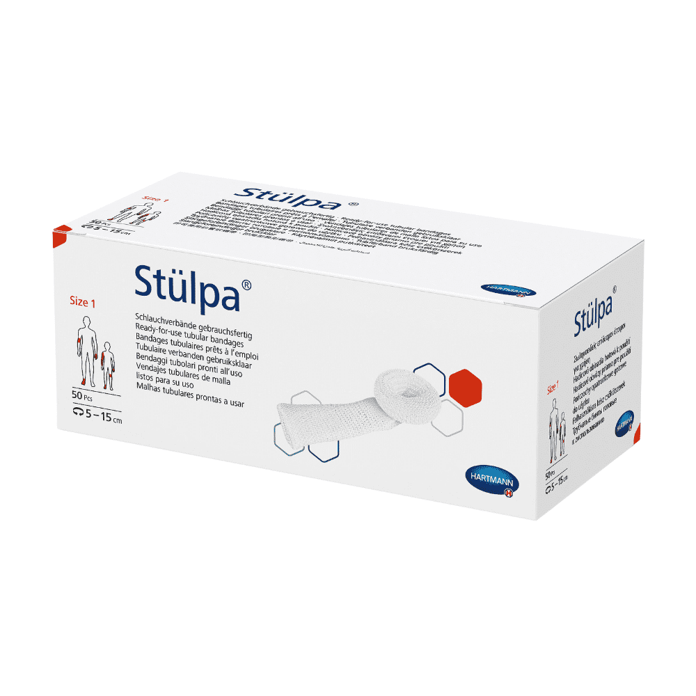 A box of Hartmann Stülpa® tubular bandages from Paul Hartmann AG with size 1 tubular bandages for medical use with specifications and instructions for use depicted on the packaging.