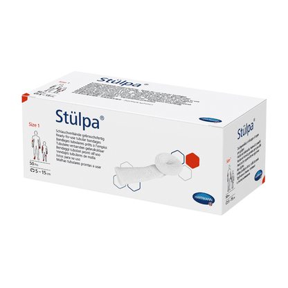 A box of Hartmann Stülpa® tubular bandages from Paul Hartmann AG with size 1 tubular bandages for medical use with specifications and instructions for use depicted on the packaging.