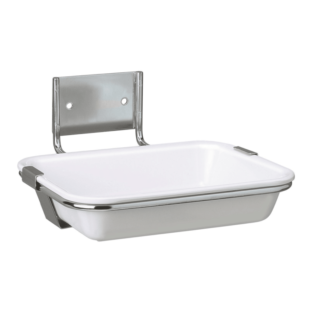 Image of a wall-mounted soap dish. The soap dish, Hartmann drip tray for wall mounting, for Eurospender 1 & 1plus | Piece (1 piece) by Paul Hartmann AG, is rectangular with white sides and a stainless steel frame. It is attached to a metal bracket with two holes for wall mounting. The design is minimalist and functional, suitable for medical facilities.