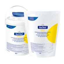 The image shows two containers of Paul Hartmann AG Hartmann Bacillol® Wipes disinfectant wipes, stand-up pouch, 90 wipes | piece (1 piece). The container on the left is a round plastic can with a blue lid, the container on the right is a resealable plastic bag. Both are labeled as alcohol-based disinfectants for rapid disinfection and ECARF certified.