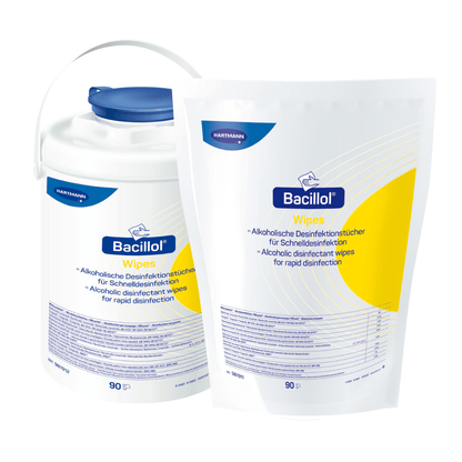 The image shows two containers of Paul Hartmann AG Hartmann Bacillol® Wipes disinfectant wipes, stand-up pouch, 90 wipes | piece (1 piece). The container on the left is a round plastic can with a blue lid, the container on the right is a resealable plastic bag. Both are labeled as alcohol-based disinfectants for rapid disinfection and ECARF certified.