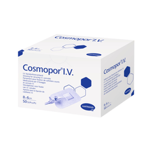 The Hartmann Cosmopor I.V. Cannula Fixation Dressing from Paul Hartmann AG has a 6 x 8 cm design in a white box with blue hexagons and multilingual text, and contains 50 sterile dressings that are ideal for use with an IV opening.