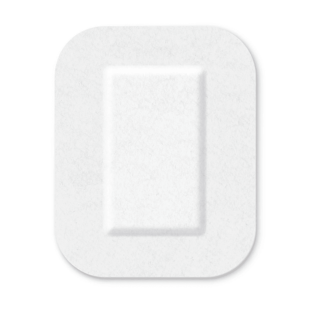 A white, square button with rounded edges and a slightly raised, rectangular center, equipped with a sterile adhesive layer of Cosmopor® silicone on a clear background by Paul Hartmann AG.