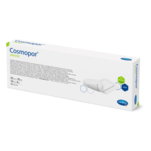 Packaging box with sterile silicone wound dressing Hartmann Cosmopor®, showing the product and its specifications, including size and quantity. The box is predominantly white with blue and green accents.