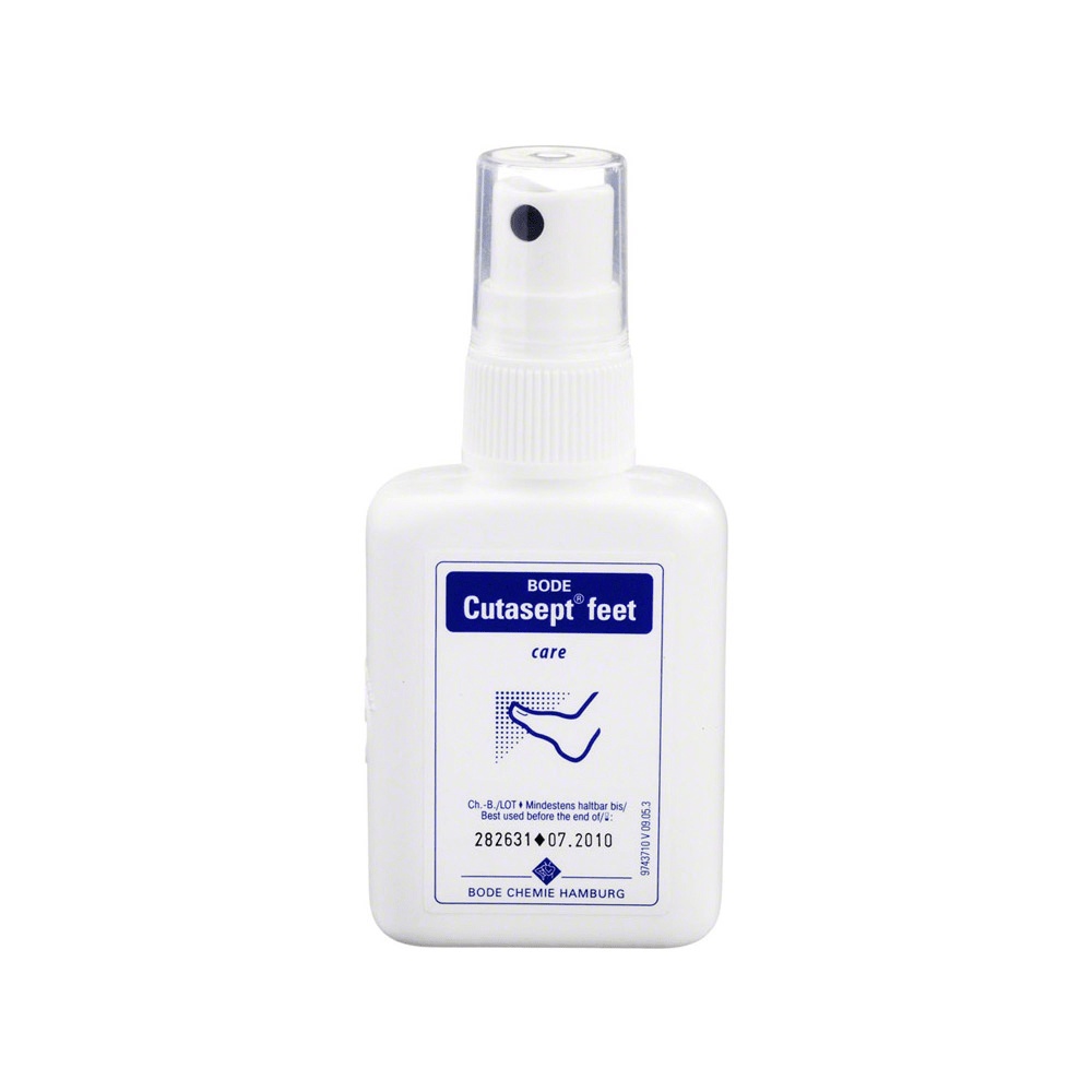 A small white spray bottle with the label "Hartmann Cutasept® Feet" from Paul Hartmann AG, designed for athlete's foot prophylaxis, with product details and a blue logo with one.