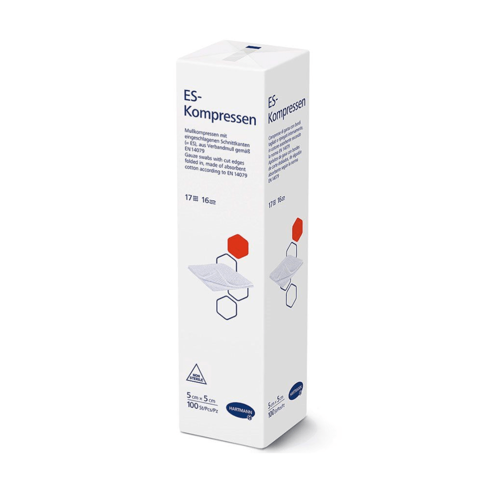 Box with 17-ply, 16-fold, non-sterile medical gauze bandages from Paul Hartmann AG on a white background, with text and diagrams for unfolding the gauze for use.