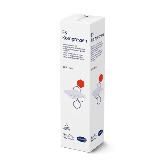 Box with 17-ply, 16-fold, non-sterile medical gauze bandages from Paul Hartmann AG on a white background, with text and diagrams for unfolding the gauze for use.