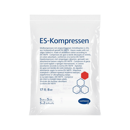 A transparent plastic package labeled “Hartmann ES-Compresses, 8-ply, sterile – 5 x 2 pieces” by Paul Hartmann AG contains gauze compresses for wound care. The label lists features such as non-woven fabric, sterility, and hydrophilic properties, with dimensions of 5 cm x 5 cm. The package contains 5 gauze compresses.