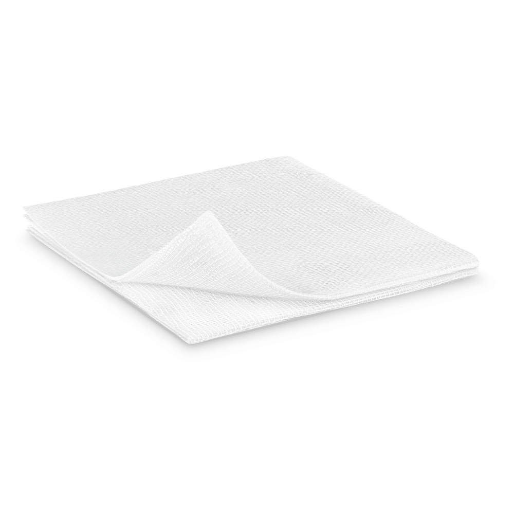 A white textured microfiber cleaning cloth, neatly folded and placed on a plain white background in Hartmann ES compresses in a paper bag, 17-ply, 12-fold, non-sterile from Paul Hartmann AG.
