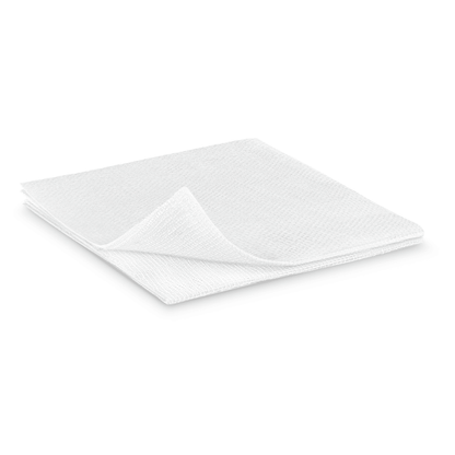 A white textured microfiber cleaning cloth, neatly folded and placed on a plain white background in Hartmann ES compresses in a paper bag, 17-ply, 12-fold, non-sterile from Paul Hartmann AG.