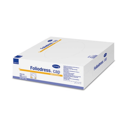 A closed white-blue box with the inscription "Paul Hartmann AG Foliodress® Cap "universal" Comfort surgical caps white" contains fleece caps and on the side a text with detailed product characteristics.