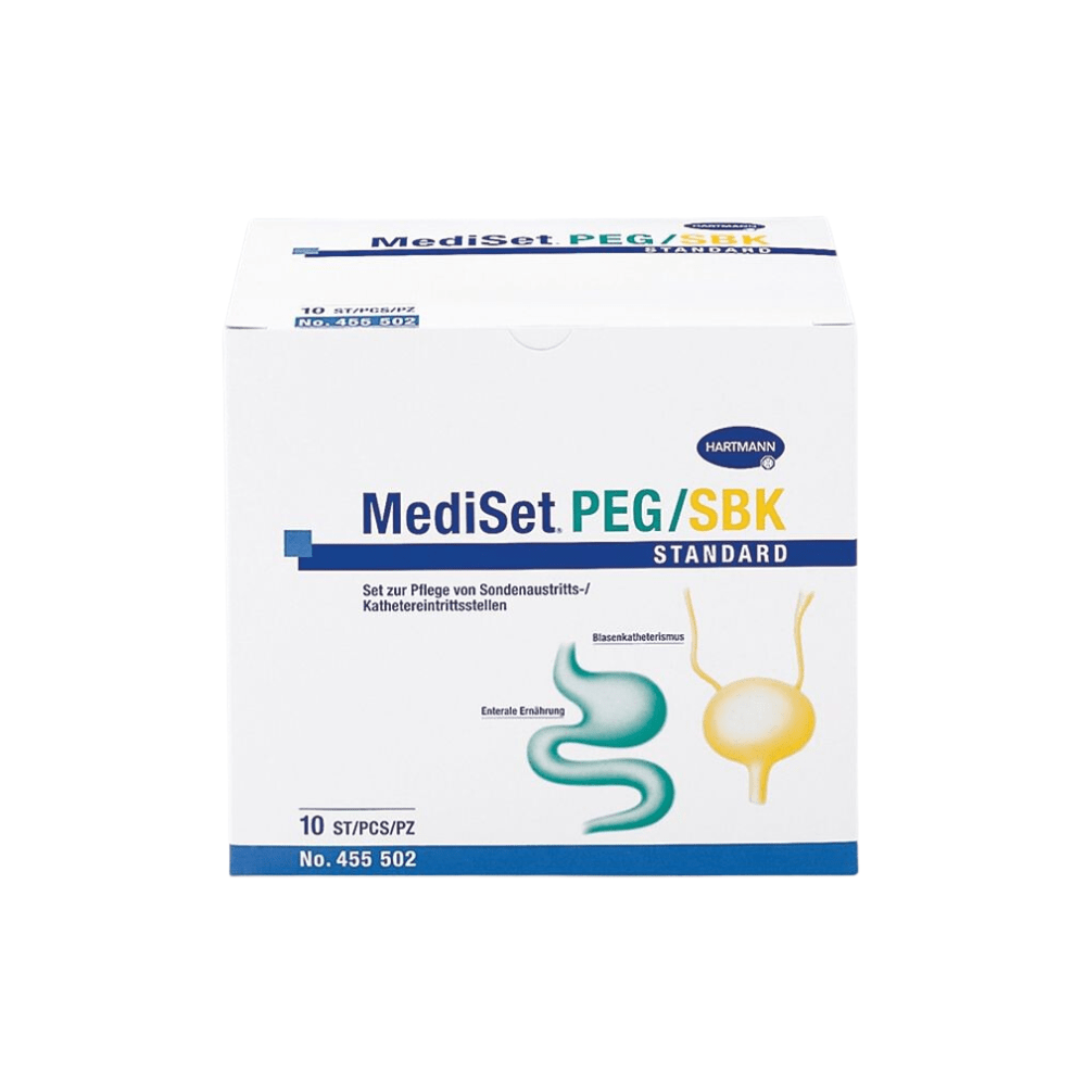 Picture of a box labeled “Hartmann MediSet PEG/SPK Standard Catheter Set, sterile“. This product from Paul Hartmann AG contains 10 sets for catheter care. On the front are illustrations of the digestive tract and the catheter, the packaging shows the product number 455 502 and German text.