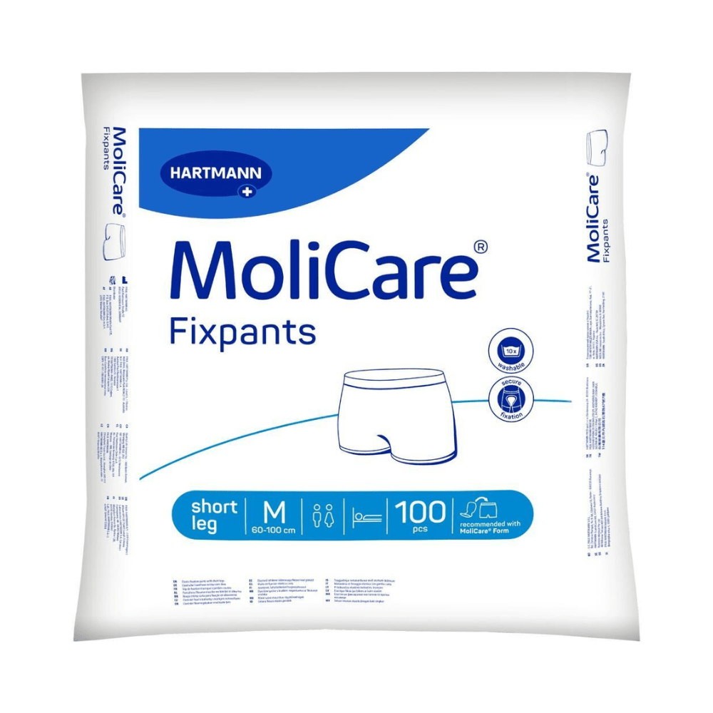 A package of Hartmann MoliCare® Fixpants short mesh pants from Paul Hartmann AG contains 100 pieces in size M, ideal for the secure and comfortable fixation of incontinence pads. The white packaging is accented with blue highlights and clear size symbols.