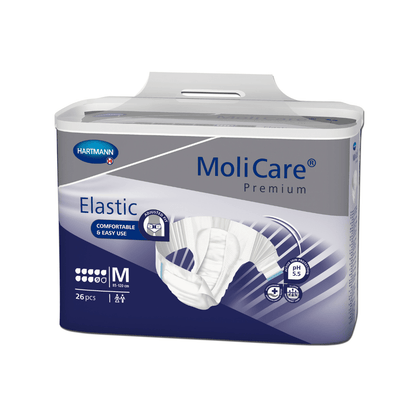 A pack of Hartmann MoliCare® Premium Elastic adult diapers in medium size from Paul Hartmann AG with 26 pieces, featuring symbols indicating pH value and skin-friendly properties. The design visualizes the elastic property of the diaper.