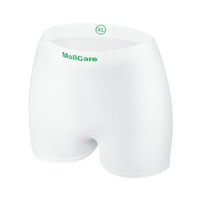 White Hartmann MoliCare® Fixpants disposable mesh pants by Paul Hartmann AG, green with the inscription 'XL' on a white background. Designed for adults, ideal for securing incontinence pads with seamless, secure fit.