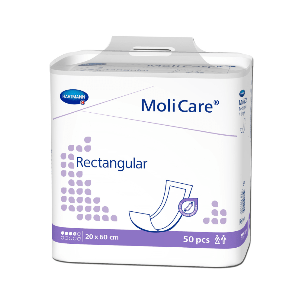 A package of Hartmann MoliCare® Rectangular Pads, 4 drops, by Paul Hartmann AG features an illustration of a pad, measures 20 x 60 cm, and contains 50 pads—ideal for urinary incontinence.