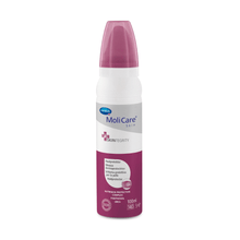 A bottle of protective skincare oil Hartmann MoliCare® Skin Skin Protector with a white body and pink cap and blue and black lettering stands upright on a white background.