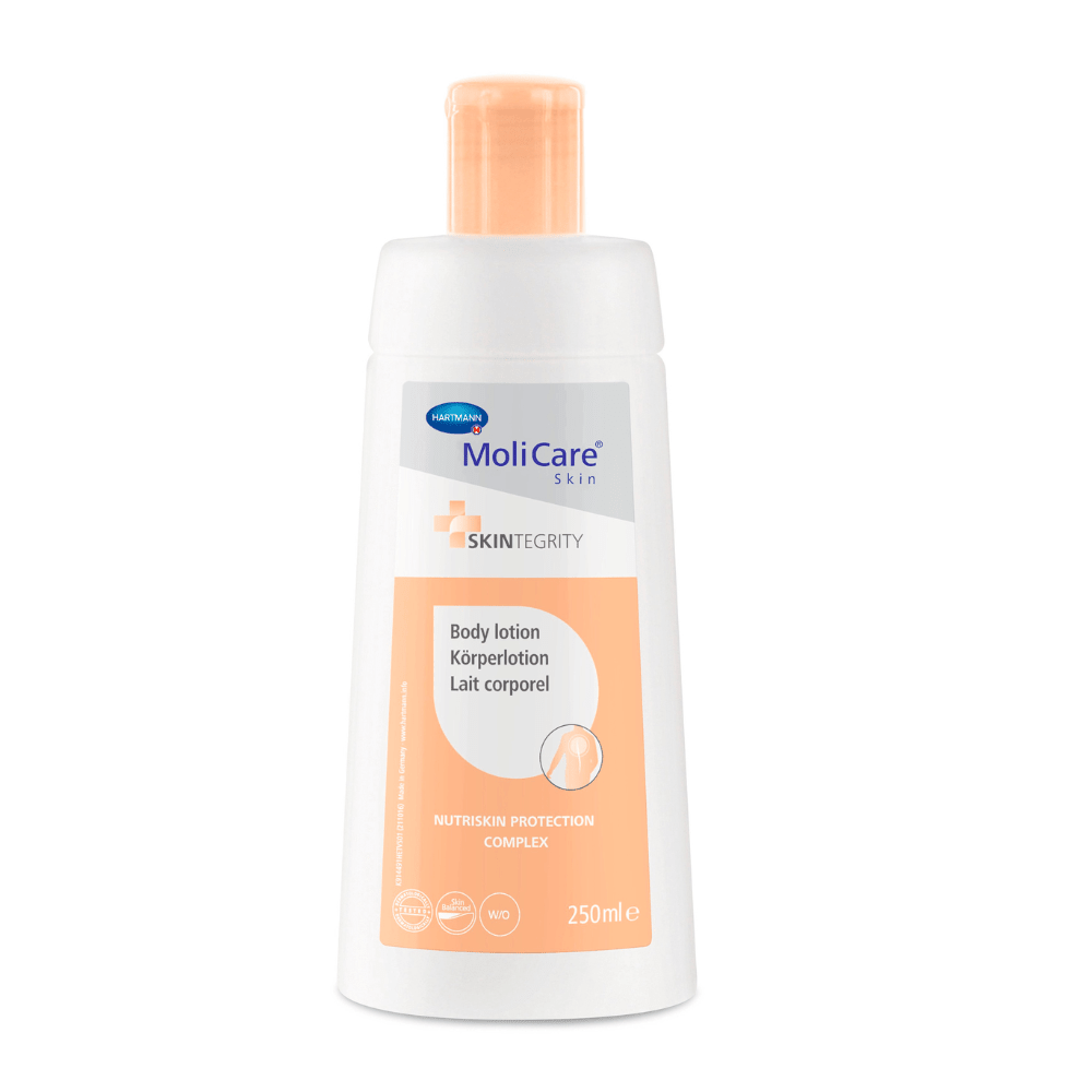 A bottle of MoliCare® Skin body lotion from Paul Hartmann AG with a pump dispenser, labeled with "nutriskin protection complex". The container is in peach and white tones and holds 250