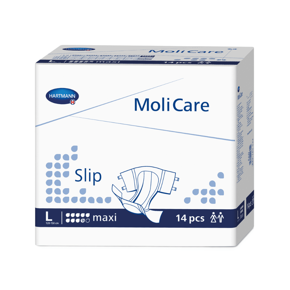 A box of Hartmann MoliCare® Slip maxi 9 drop adult diapers from Paul Hartmann AG in size L, containing 14 pieces, predominantly white and blue packaging with product graphics and text.