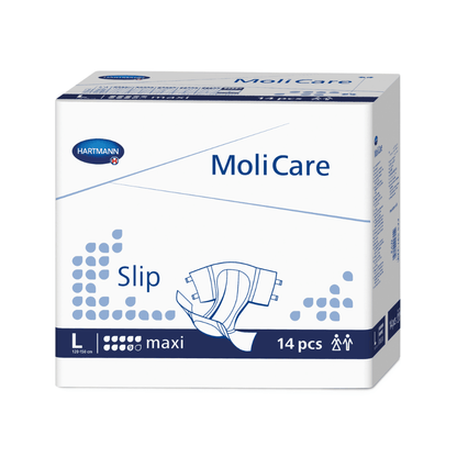 A box of Hartmann MoliCare® Slip maxi 9 drop adult diapers from Paul Hartmann AG in size L, containing 14 pieces, predominantly white and blue packaging with product graphics and text.