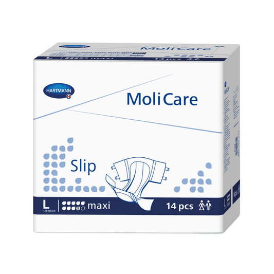 A box of Hartmann MoliCare® Slip maxi 9 drop adult diapers from Paul Hartmann AG in size L, containing 14 pieces, predominantly white and blue packaging with product graphics and text.