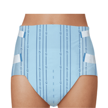 Light blue incontinence underwear with striped pattern and small symbols, depicted from the waist to the thighs on a white background. This Paul Hartmann AG MoliCare® Slip maxi 9 drop offers very high protection.