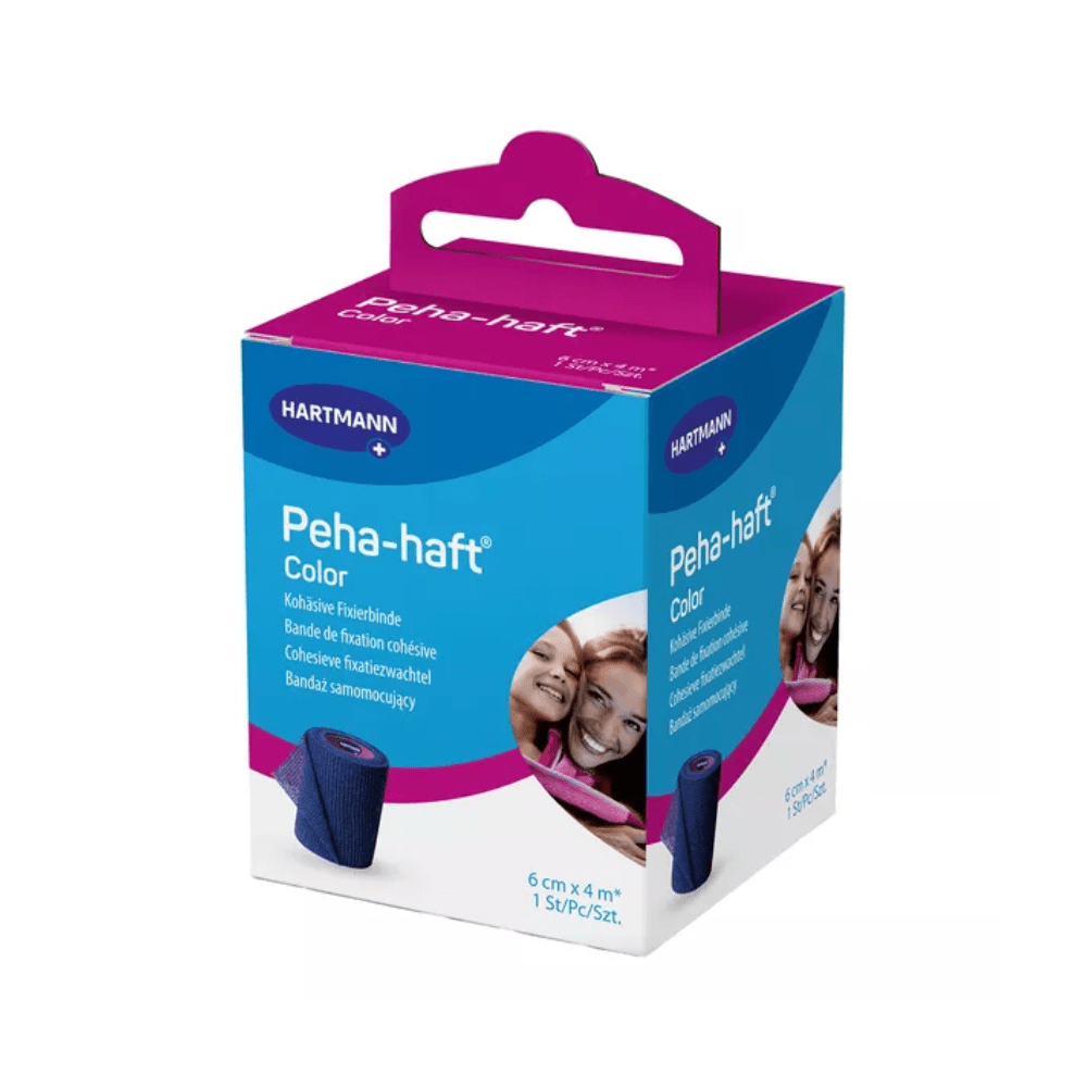 A box of Paul Hartmann AG Hartmann Peha-haft Color elastic fixation bandage, blue, with a design featuring a smiling woman and a child on the front.