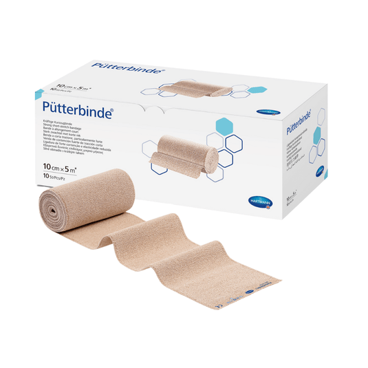 A box of Hartmann Pütter-Verband® compression bandages on a white background; next to the box lies a partially unrolled bandage.
